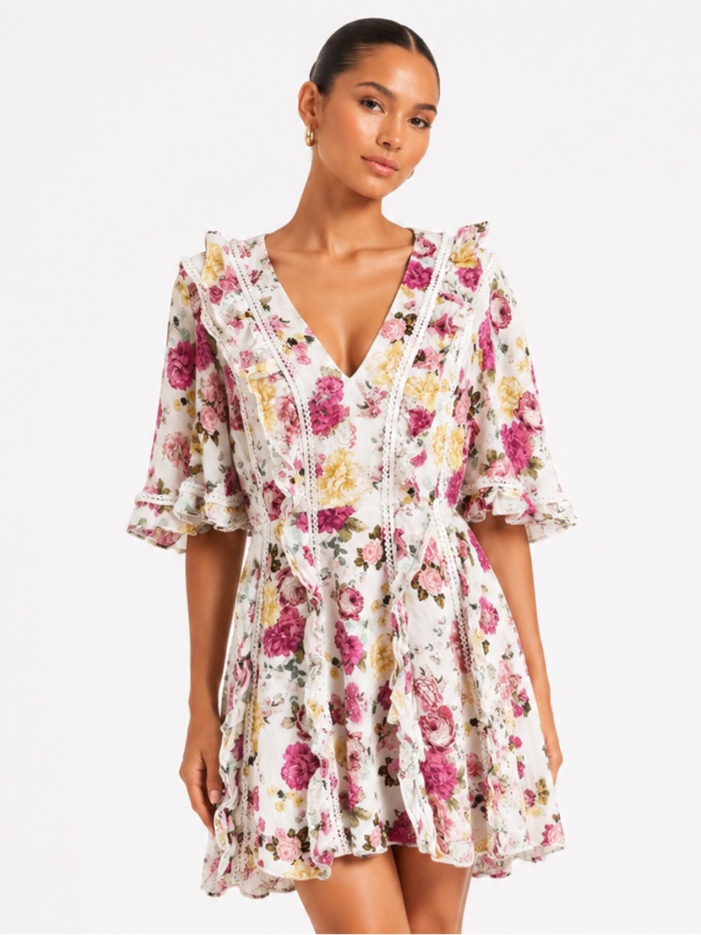 LA MASON TALULAH Floral Tie-Waist Cotton Dress in White with Pink & Yellow Roses